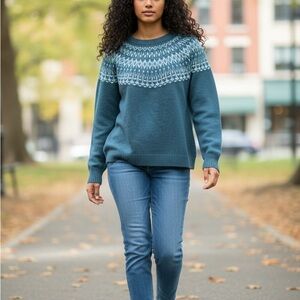 LOFT Teal Nordic Yoke Crewneck Sweater